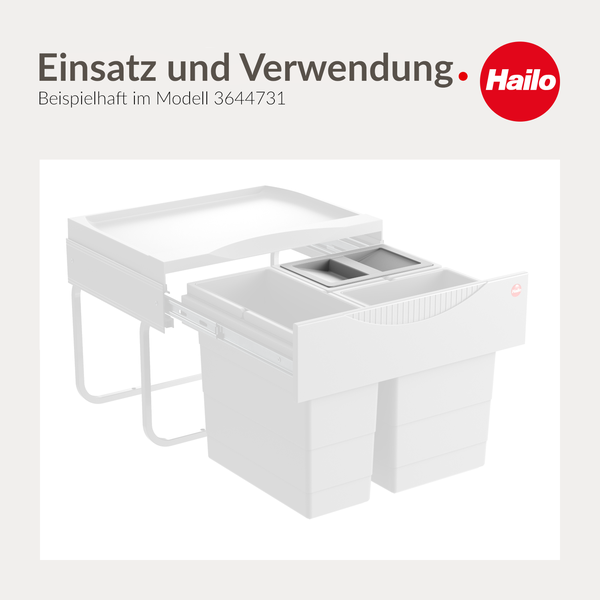 Ausziehbares Hailo Mülltrennsystem mit mehreren Abfallbehältern und oberer Ablagefläche. Hailo Logo.