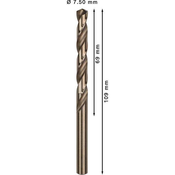 Metallbohrer mit den Maßen 7,50 mm Durchmesser, 69 mm Schneidlänge und 109 mm Gesamtlänge