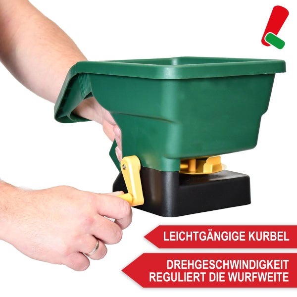 Handstreuer aus Kunststoff mit leichtgängiger Kurbel für Saatgut und Dünger, die Drehgeschwindigkeit reguliert die Wurfweite.