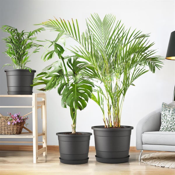 Plastard Blumentopf Terra Ø 54 cm Anthrazit mit Untersetzer, wetterfester Pflanzkübel, Pflanztopf, Blumenkübel, Übertopf aus Kunststoff mit Überlauf