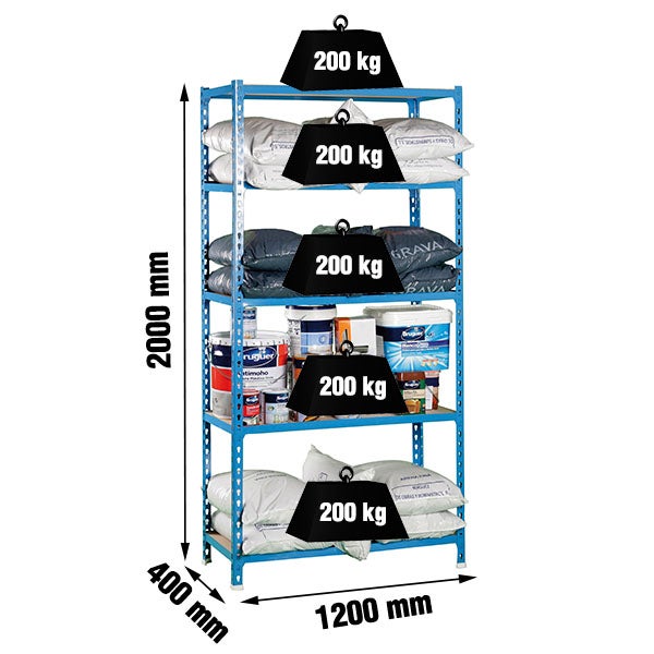 Schwerlastregal BIG MULI | HxBxT 200x120x40cm | 5 Fachböden | Fachlast 200kg | Blau | Lagerregal Kellerregal Werkstattregal Metallregal Fachbodenregal Steckregal