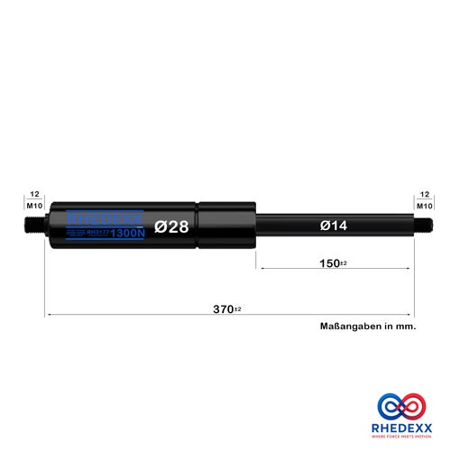 Rhedexx Gasdruckfeder 1300 Newton mit Gewinde M10, Durchmesser 28 Millimeter, Hub 150 Millimeter und Länge 370 Millimeter.