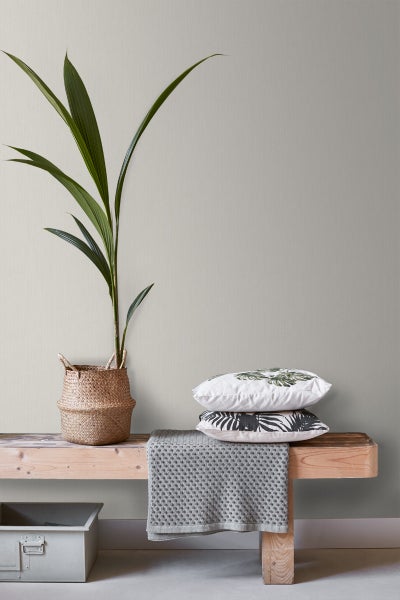 Dekorative Szene mit Pflanze im Korb, Kissen und Decke auf einer Holzbank