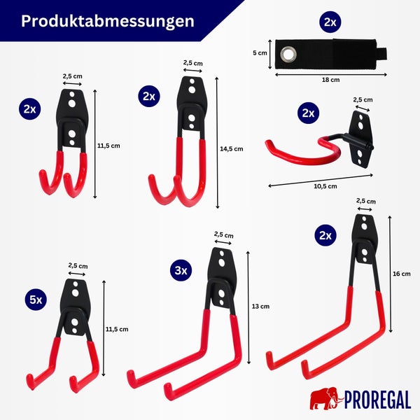 Produktübersicht mit Maßangaben für verschiedene Wandhaken und ein Befestigungsband von Proregal.