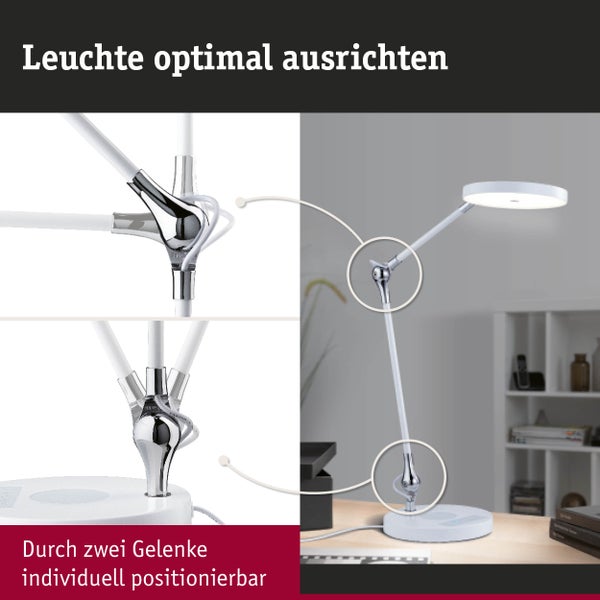 Schreibtischlampe mit zwei verstellbaren Gelenken für eine optimale Ausrichtung des Lichts.