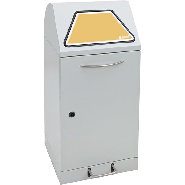 Wertstoffsammler aus Metall mit gelber Einwurfklappe, offener Tür und Halterung für blaue Müllbeutel sowie Stumpf Metall Logo.