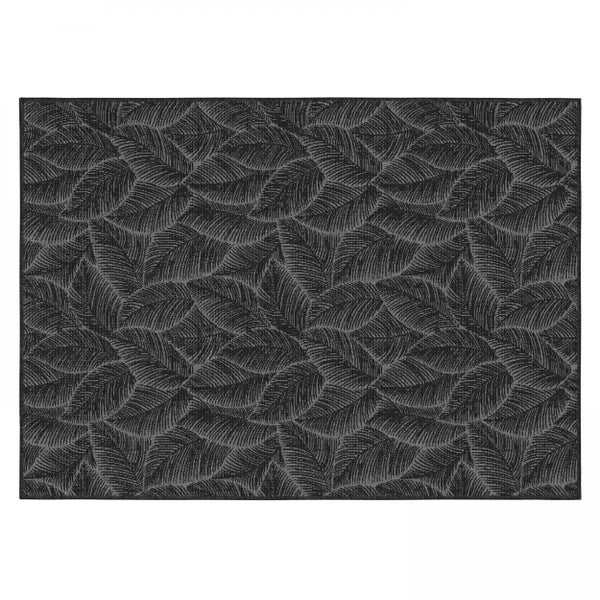 Flachgewebter Teppich mit tropischem Blättermuster in Schwarz und Grau für den Innen- und Außenbereich.