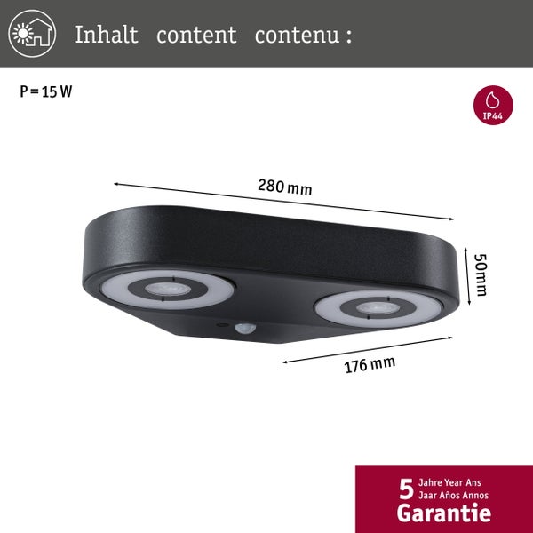 Schwarze LED-Außenleuchte mit Bewegungsmelder, 280 mal 176 mal 50 Millimeter, 15 Watt, spritzwassergeschützt IP44, 5 Jahre Garantie.