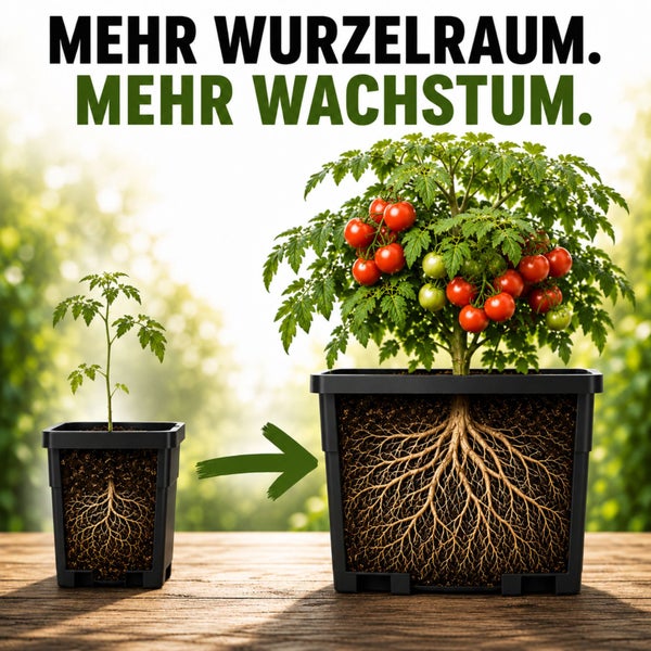 Vergleich zweier Tomatenpflanzen in Töpfen: Mehr Wurzelraum ermöglicht mehr Wachstum und eine größere Pflanze mit Früchten.