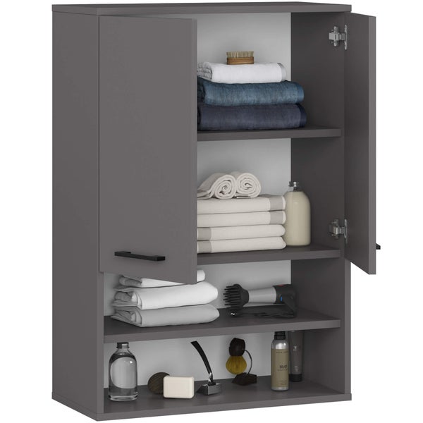 Grauer Hängeschrank mit Fächern, gefüllt mit Handtüchern und Badutensilien