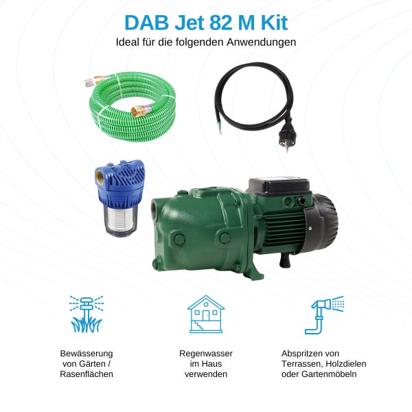 DAB Jet 82 M Kit bestehend aus einer Gartenpumpe, einem Saugschlauch, einem Vorfilter und einem Netzkabel für Bewässerung und Hauswasserversorgung.