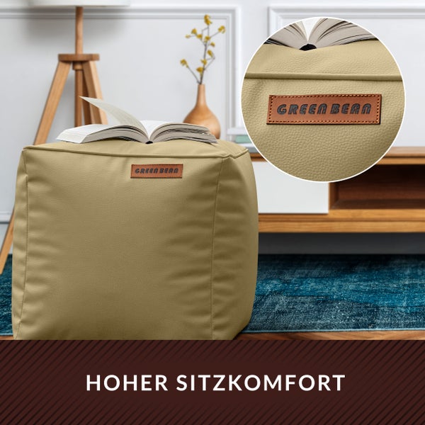 Quadratischer Sitzhocker mit Buch und Green Bean Logo