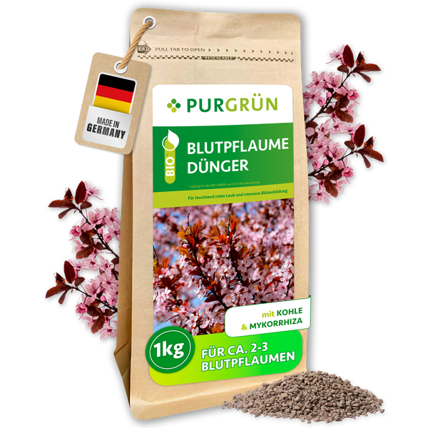 Purgrün Blutpflaumen Dünger 1 Kilogramm mit Kohle und Mykorrhiza für leuchtendes Laub und intensive Blütenbildung Made in Germany