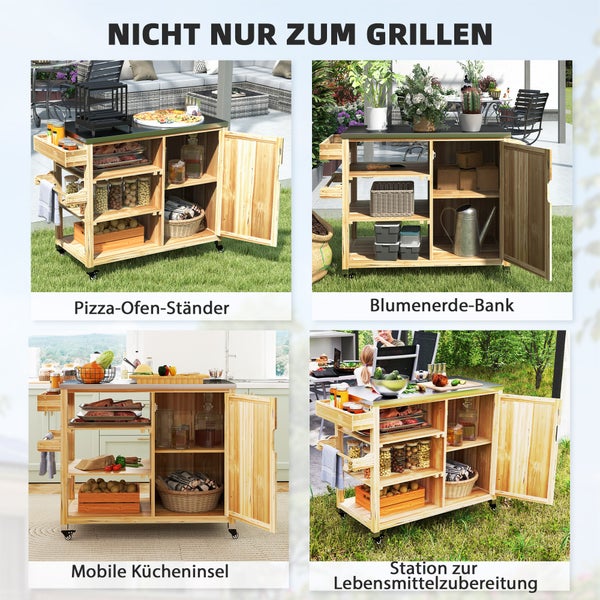Vielseitiger mobiler Outdoor-Küchenwagen aus Holz: Pizza-Ofen-Ständer, Pflanztisch, Kücheninsel und Vorbereitungsstation.