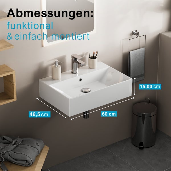 Rechteckiges Wandwaschbecken aus weißer Keramik, 60 Zentimeter breit, 46,5 Zentimeter tief und 15 Zentimeter hoch, in einem modernen Badezimmer.