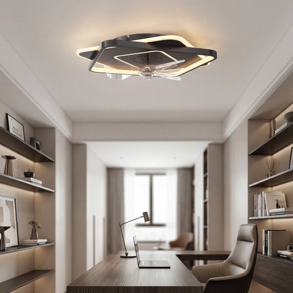 Moderner Deckenventilator mit LED Licht und sechs Geschwindigkeitsstufen inklusive Geräuschpegelanzeige von zehn bis siebzig Dezibel.