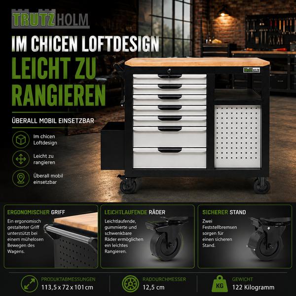 TrutzHolm Werkstattwagen mit Holzplatte und Schubladen im Loftdesign, mobil auf Rädern mit Feststellbremsen, 113,5 x 72 x 101 Zentimeter.