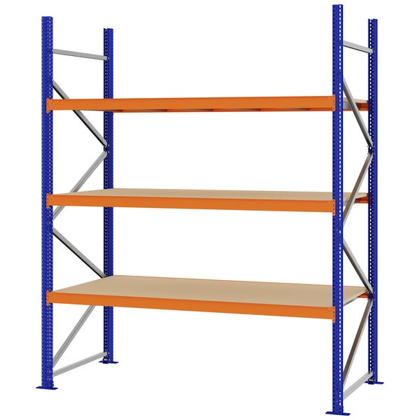 Schwerlastregal aus Metall mit blauem Rahmen, orangefarbenen Traversen und drei Holzböden für Werkstatt oder Lager.