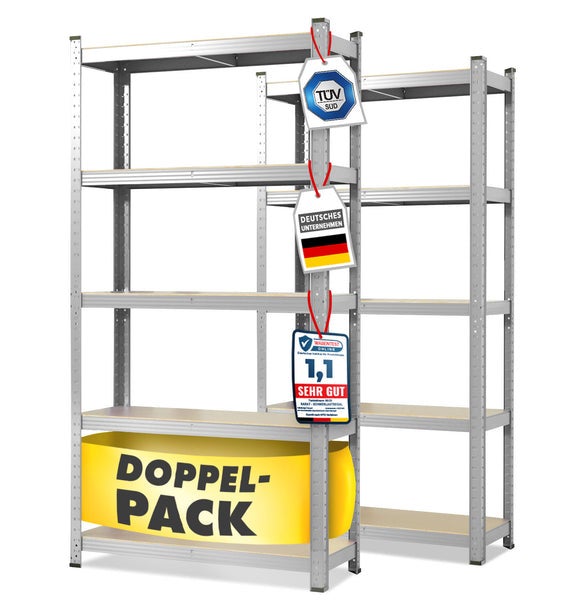 FLOORDIREKT Schwerlastregal Lakota - 2er Set - Universal einsetzbar - Verzinkt - 150 x 75 x 30 cm - Traglast bis 875 kg