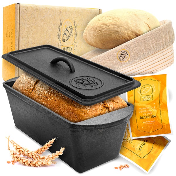 KRUSTENZAUBER Brotbackform mit Deckel inkl. Gärkorb - Robuste 28cm Backform aus Gusseisen - Ideal als Kastenform, Toastbrot Backform, Brotform, Gusseisen Topf Brot backen Zubehör, Brottopf