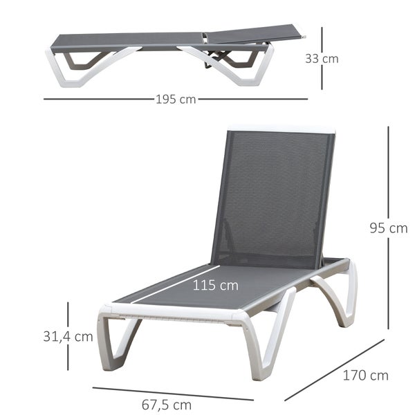 Outsunny Gartenliege, 5-fach verstellbar, ergonomisch, 170 x 67,5 x 95 cm, Alu, Texteline, Grau+Weiß