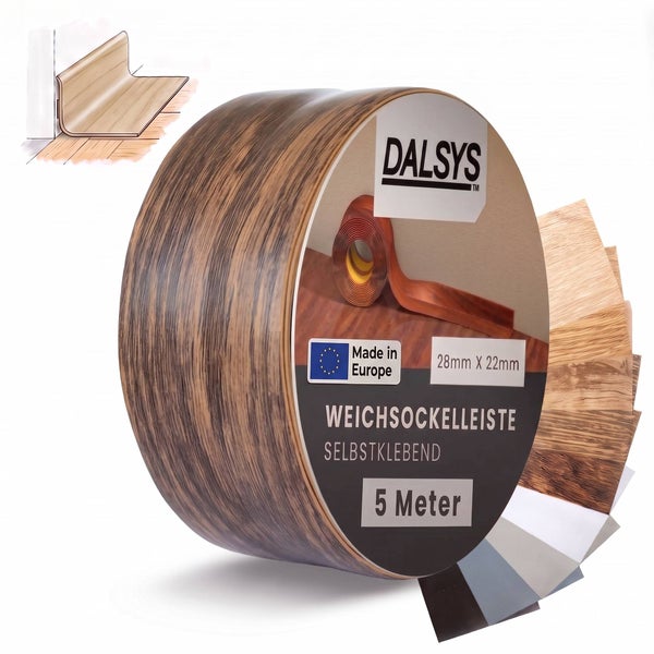 Dalsys selbstklebende Weichsockelleiste aus Kunststoff, 5 Meter Rolle, 28 mm mal 22 mm, für Bodenübergänge mit Holzoptik.