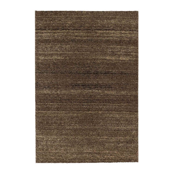 Rechteckiger brauner Hochflor Teppich mit horizontaler Struktur.