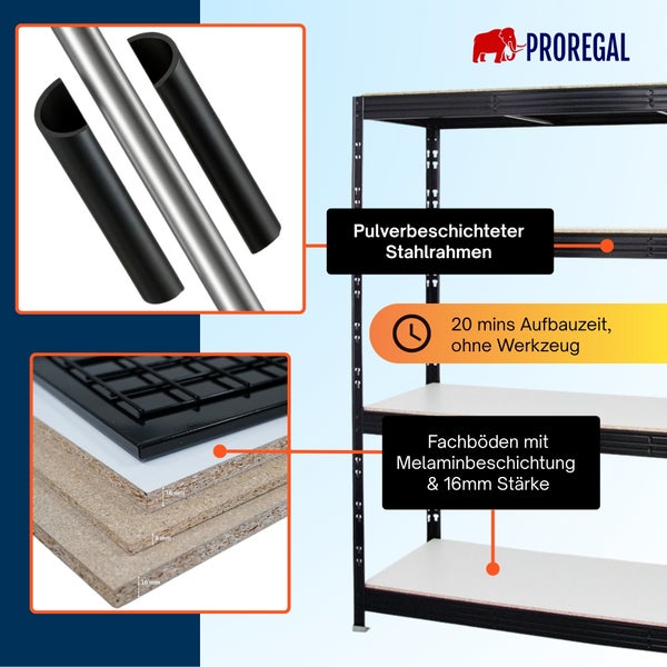 PROREGAL Logo, Schwerlastregal mit pulverbeschichtetem Stahlrahmen, Fachböden mit Melaminbeschichtung in 16 Millimeter Stärke und schneller Montage.