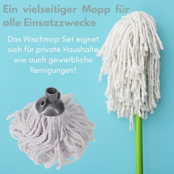 Wischmopp Set mit Baumwollkopf und grünem Stiel