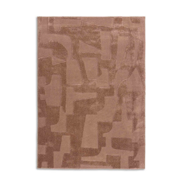 Moderner rechteckiger Teppich in Rosé mit abstraktem geometrischem Muster und Reliefstruktur durch unterschiedliche Florhöhen.