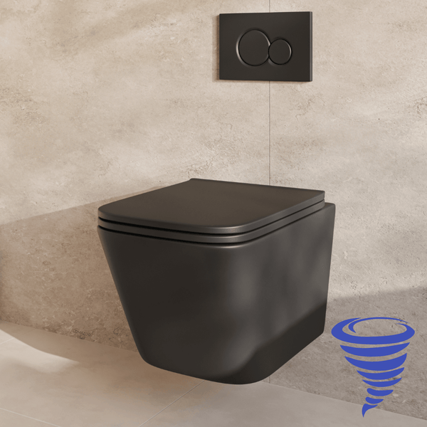 Wandhänge WC in moderner Optik mit dazugehöriger Betätigungsplatte vor einer gefliesten Wand