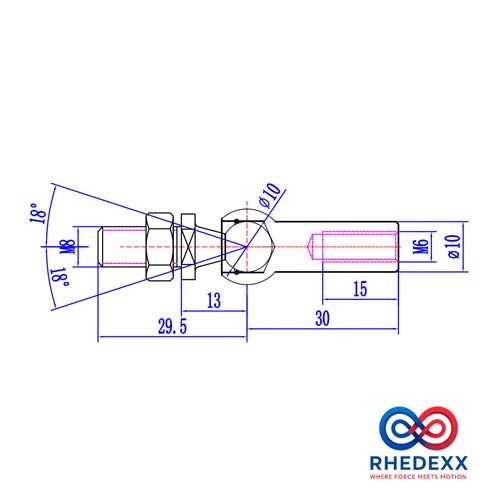 Technische Zeichnung eines Winkelgelenks mit Maßen in Millimetern, M6 und M8 Gewinde, 18 Grad Winkel und Rhedexx Logo.