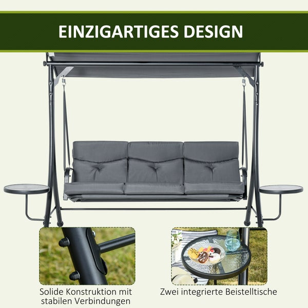 Outsunny Hollywoodschaukel, 3-Sitzer Gartenschaukel, mit verstellbarem Sonnendach, 271 x 125 x 177 cm, Stahl, Polyester, Grau+Schwarz