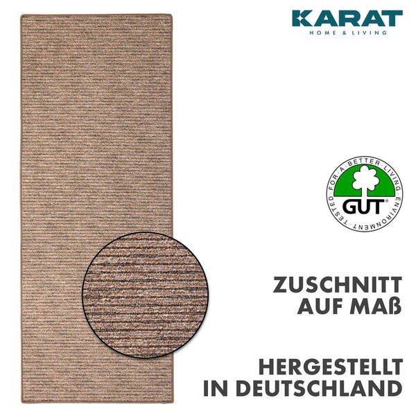 Beiger Karat Teppichläufer, gerippt, Zuschnitt auf Maß, hergestellt in Deutschland, Karat Home & Living Logo, GUT-Siegel.