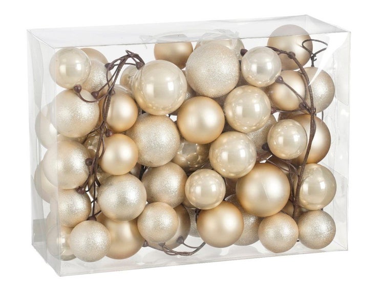 Weihnachtsbaumkugeln im Set, Kunststoffkugeln in verschiedenen Größen mit glänzender und glitzernder Oberfläche in einer transparenten Box