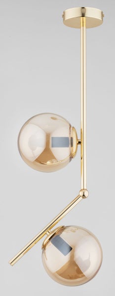 Moderne Pendelleuchte mit zwei kugelförmigen Glasschirmen und metallischer Aufhängung in glänzendem Design.