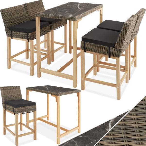 Rattan Tisch Kutina mit 4 Stühlen Latina tectake  Beine aus Holz mit Aluminiumgestellen natur
