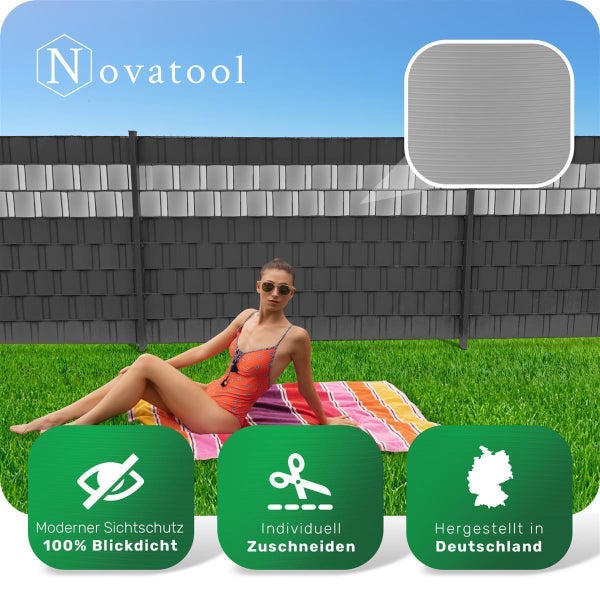 Novatool PREMIUM PP 250m Rollen Sichtschutzstreifen für Doppelstabmattenzaun FENSTER GRAU für 100 Reihen Stabmattenzaun Sichtschutzstreifen langlebig & witterungsbeständig Zaunelemente Sichtschutz