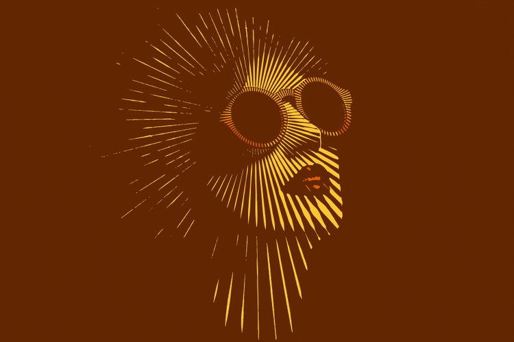 Stilisierte grafische Darstellung eines Kopfes mit Sonnenbrille und strahlenförmigen Linien.