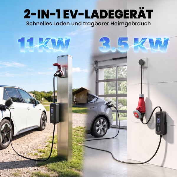 2 in 1 Elektroauto Ladegerät für schnelles Laden mit 11 Kilowatt und tragbares Laden mit 3.5 Kilowatt für den Heimgebrauch.