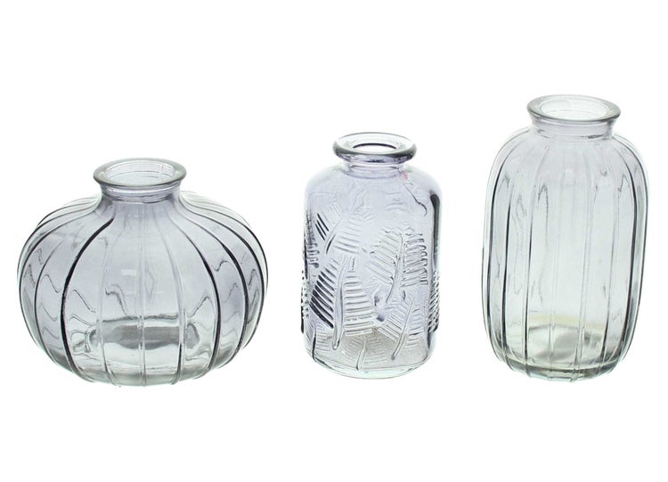 FRANK FLECHTWAREN | Dekovase Grau, 3er Set, GLAS, 10,5 x 10,5 x 8,5 cm, 6 x 6 x 10 cm, 7 x 7 x 11,5 cm