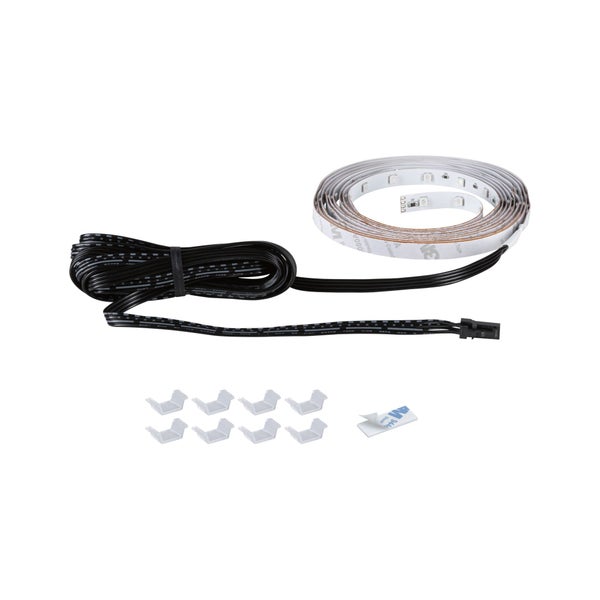 LED-Streifen Set bestehend aus einer Rolle LED-Band, einem schwarzen Anschlusskabel, Befestigungsclips und einem Klebestreifen.