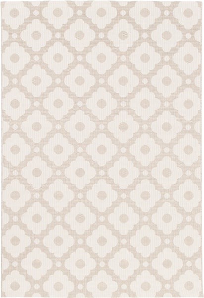 Beige-weißer flachgewebter Teppich mit modernem geometrischem Blumenmuster.