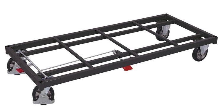 VarioFit Palettenfahrgestell aus pulverbeschichtetem Stahl mit Zentralbremse und vier Lenkrollen für den Transport schwerer Lasten.