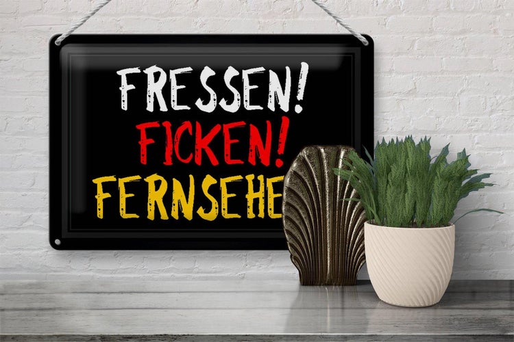 Blechschild Spruch 30x20cm Fressen ficken Fernsehen