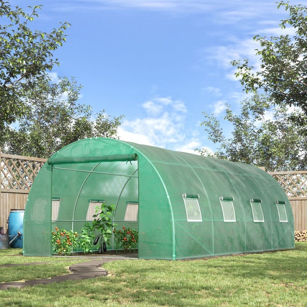 Outsunny Gewächshaus ca. 6 x 3 x 2 m Foliengewächshaus mit 8 Fenster, Rolltür, Aufrollbar Seitenwänden, UV-beständiger Folientunnel, Winterfest Tomatenhaus mit Erdanker, Grün