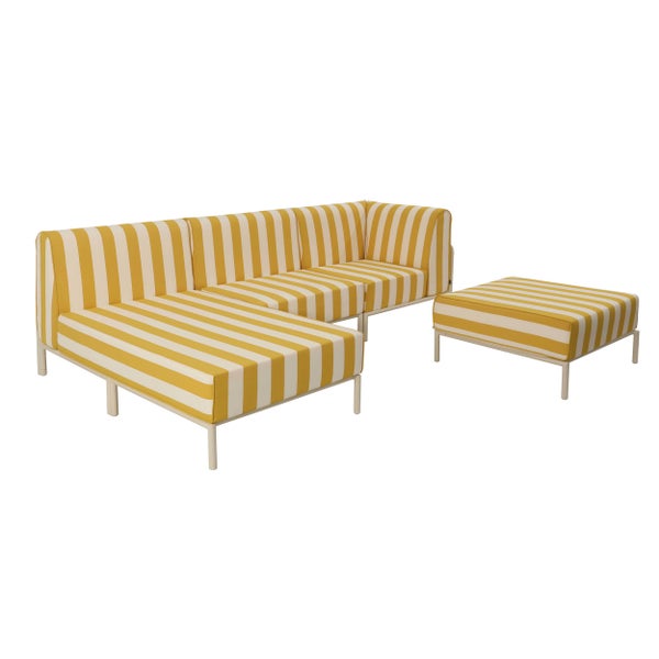 Loungemöbel-Set bestehend aus einem L-förmigen Sofa und einem Hocker mit gelb-weißem Streifenmuster und Metallgestell.