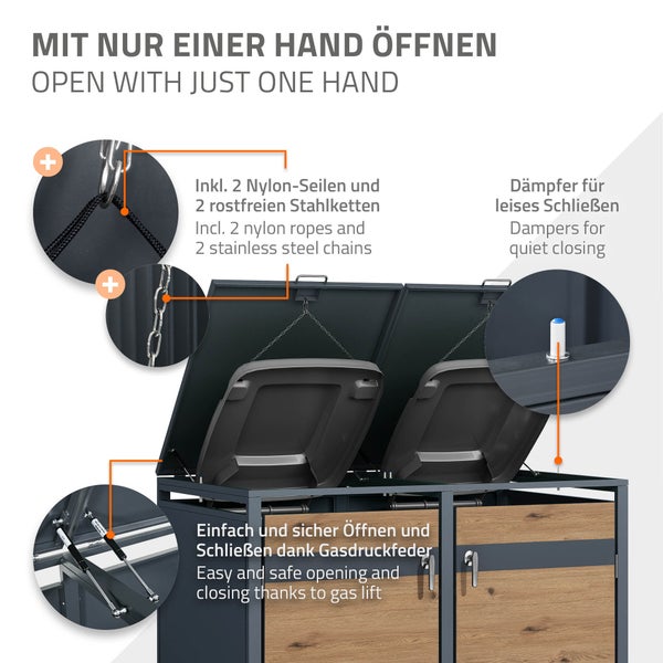 ML-Design Mülltonnenbox 2er 2 Tonnen 240L 132x80x116,3cm Anthrazit-Eichenoptik, Stahl, wetterfest/abschließbar Mülltonnenverkleidung Klappdeckel/2 Türen, Müllbox Mülltonnecontainer Mülltonnenabdeckung
