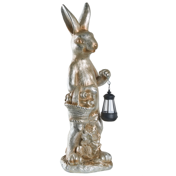 Dekofigur stehender Hase in Gold-Optik mit schwarzer Laterne und Blumenkorb.
