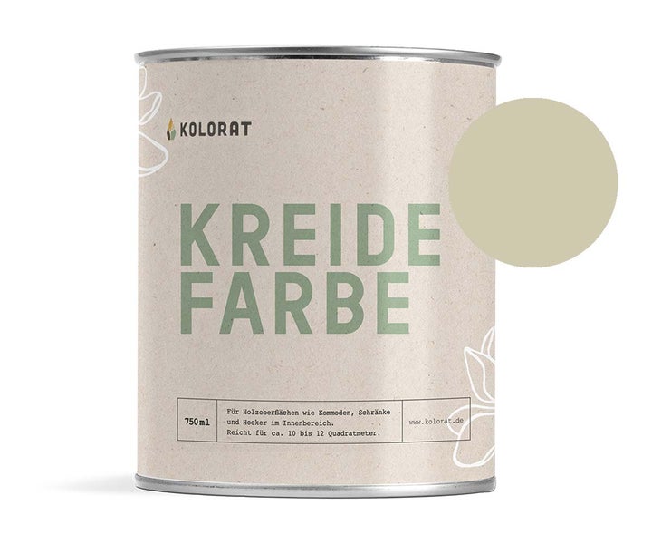 Kolorat Kreidefarbe für Möbel - ein dezentes, warmes Gelbgrün mit einem feinen Hauch von Olive - Farbton Fenchelsaat Nr. 130. Matter Kreidelack für innen - Möbellack, Möbelfarbe - Holzfarbe - Kreidefarbe für Holz